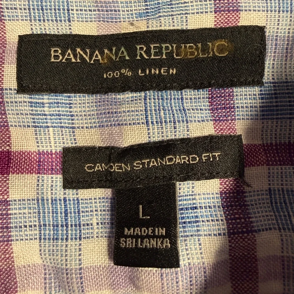 Banana Republic Button Down Mens Large Blue Purple Plaid 100% Linen Camden Shirt